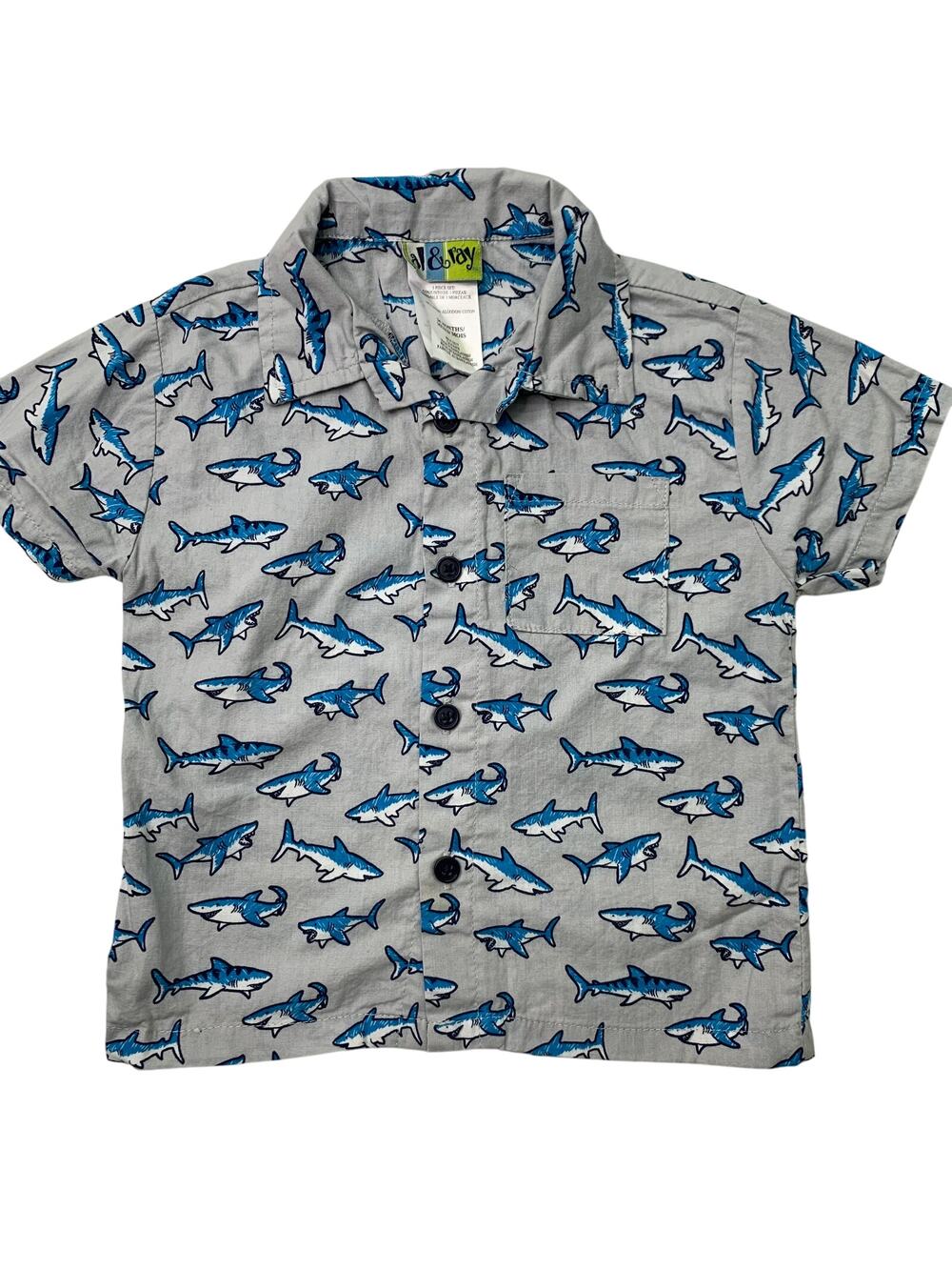 Al & Ray Boys 24M Button Up Shirt Sharks All Over Cotton Short Sleeve Ocean